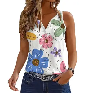 Flamingals Floral Pattern Pearl Button Decor V Neck Tank Top