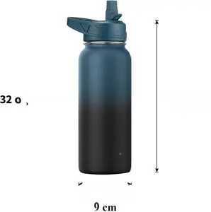 32 oz Insulated Water Bottle With Straw, Stainless Steel Sports Water Cup Flask with 3 Lids (Straw, Spout and Handle Lid), Wide Mouth Travel Thermal Mug, Black