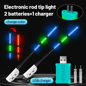 5-Piece Fishing Rod Tip Light Set + Rechargeable Battery + USB Charger, High Visibility, Anti-Slip, Snap-On Installation, Bite Indicator