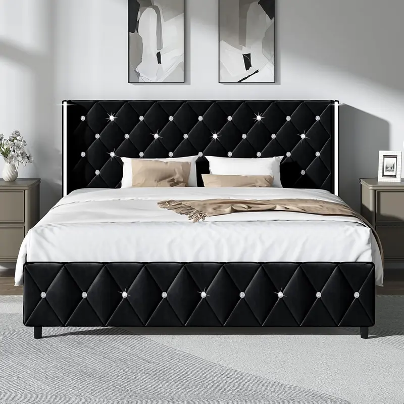 HOMBCK Queen Size Upholstered Platform Bed Frame - Furniture with Wingback Diamond Tufted Headboard & Footboard, +-Shape Steel Support, Contemporary Bed (Mattress Not Included) #SohoChic#Homemakeover