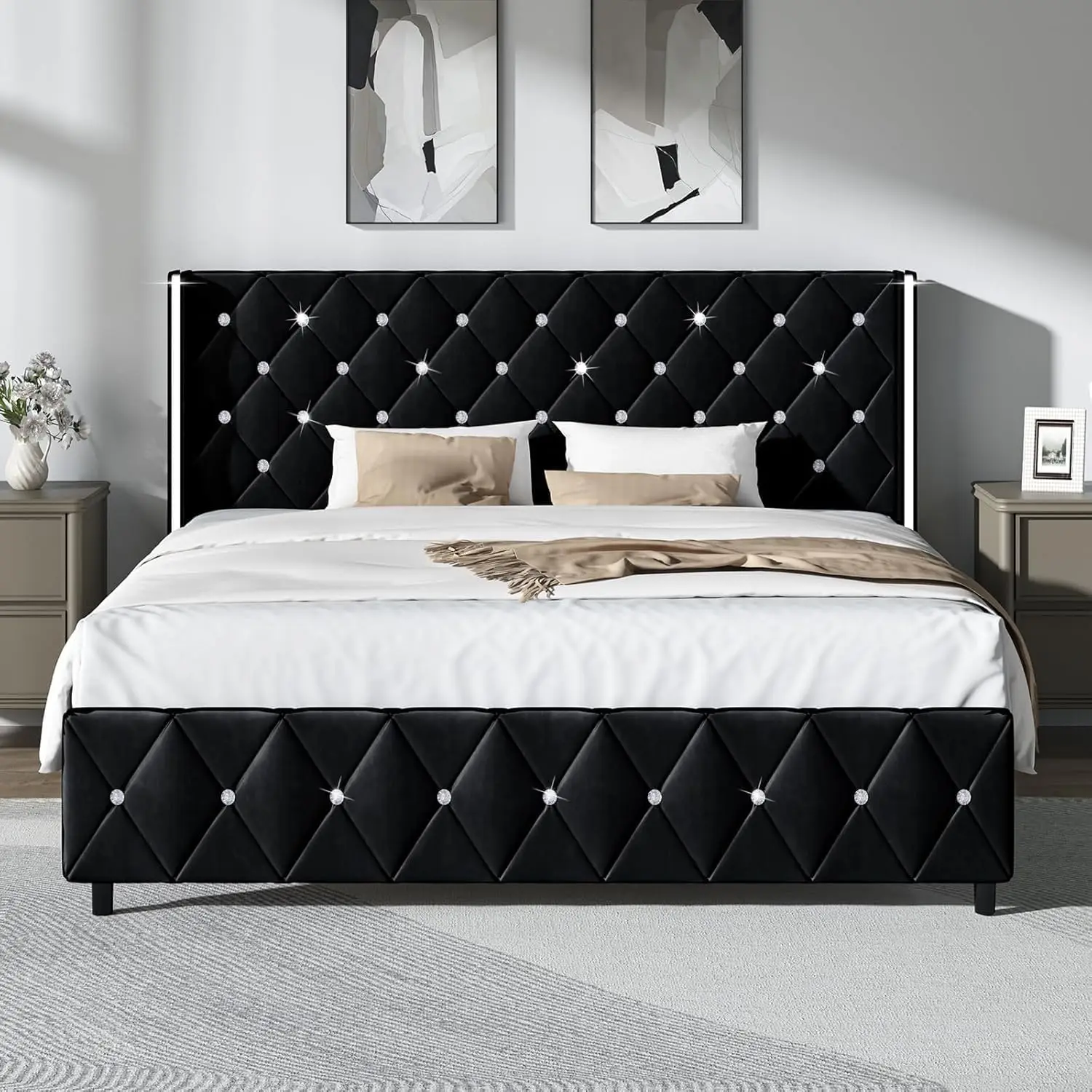 HOMBCK Bed Frame, No Mattress, Upholstered Platform Bed Frame with Wingback Diamond Tufted Headboard