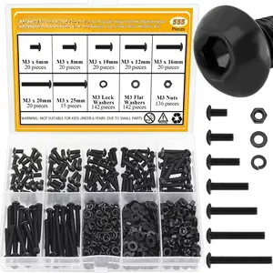 555 count M3 Screws Nuts Washers Set Black,  M3 x 6/8/10/12/16/20/25mm Button  Socket Cap Screws Nuts Washers Assortment Kit, 10.9 Grade Alloy Steel, Fully Threaded