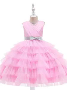 5-7Y Pink Ruffle Trim Tulle Tutu Kids Clothes Flower Girls Frock Ball Gown Pageant Children Elegant Princess Prom Host Formal Evening Party Banquet Cocktail Dress