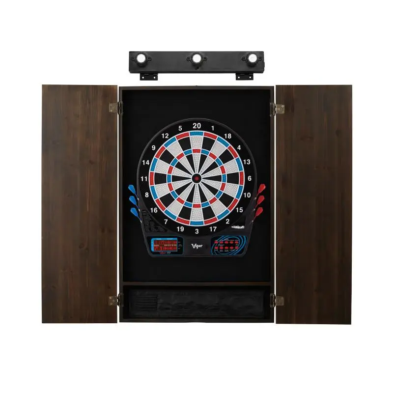 Electronic Dartboard Set with Metropolitan Espresso Pine Cabinet and Light, 8-Player, LCD Scoreboard, 43 Games, Soft-Tip Darts, Dart Set, Darts Sets, Game Room