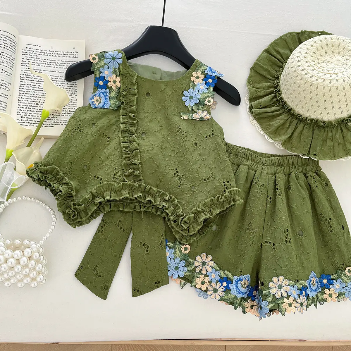 Kids Young Girls' Summer Clothes Flower Backless Big Bow Sleeveless Top + Floral Embroidery Shorts + SunHat 3Pcs