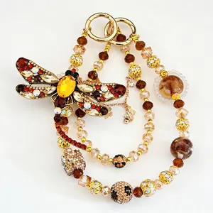 Dragonfly Crystal Phone Chain & Bag Charm Beaded Wrist Strap Handbag Decoration with Blue Beads and Gold Accents