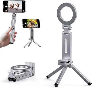 Magnetic Tripod for iPhone 16/15/14/13/12 Plus Pro Max Series,Aluminium Mini Magnetic Phone Tripod for iPhone & MagSafes,360° Adjustable Magic Clip Folding Magnetic Phone Stand,1/4" Screw