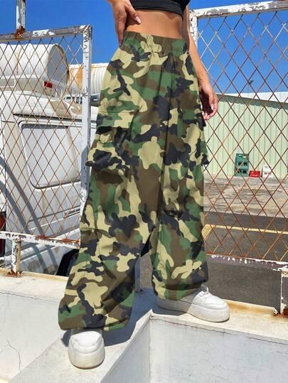 1pc Teen Girl Loose Camouflage Print Flap Pocket Side Drawstring Outdoor Cargo Pants, Suitable For Spring, Summer, Autumn, Winter