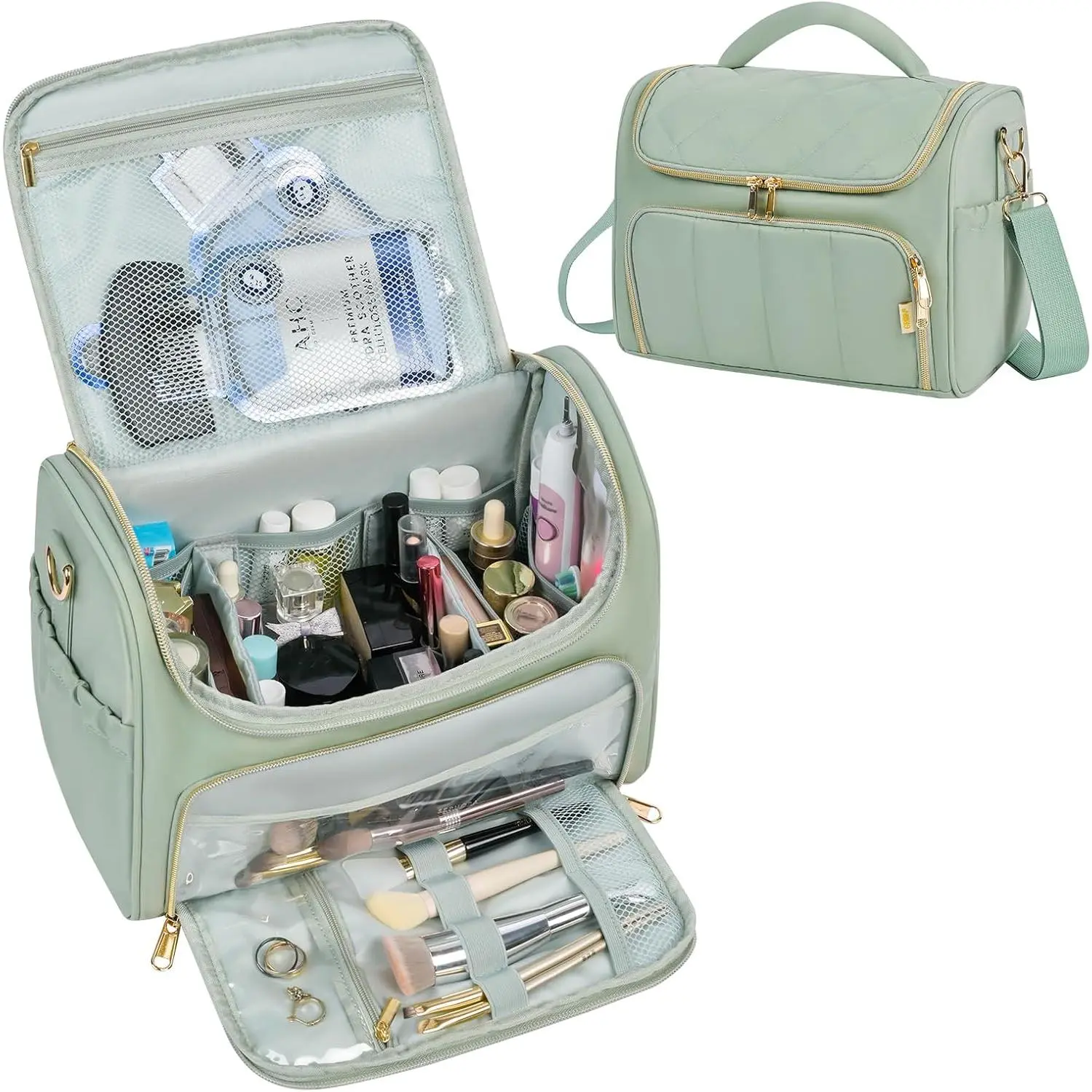 Travel Toiletry Bag Large  Makeup Bag Organizer for Women,Wide-open Make Up Bag  Makeup Case Travel Bag with Handle and Dividers for Toiletries,Essentials,Accessories,Green