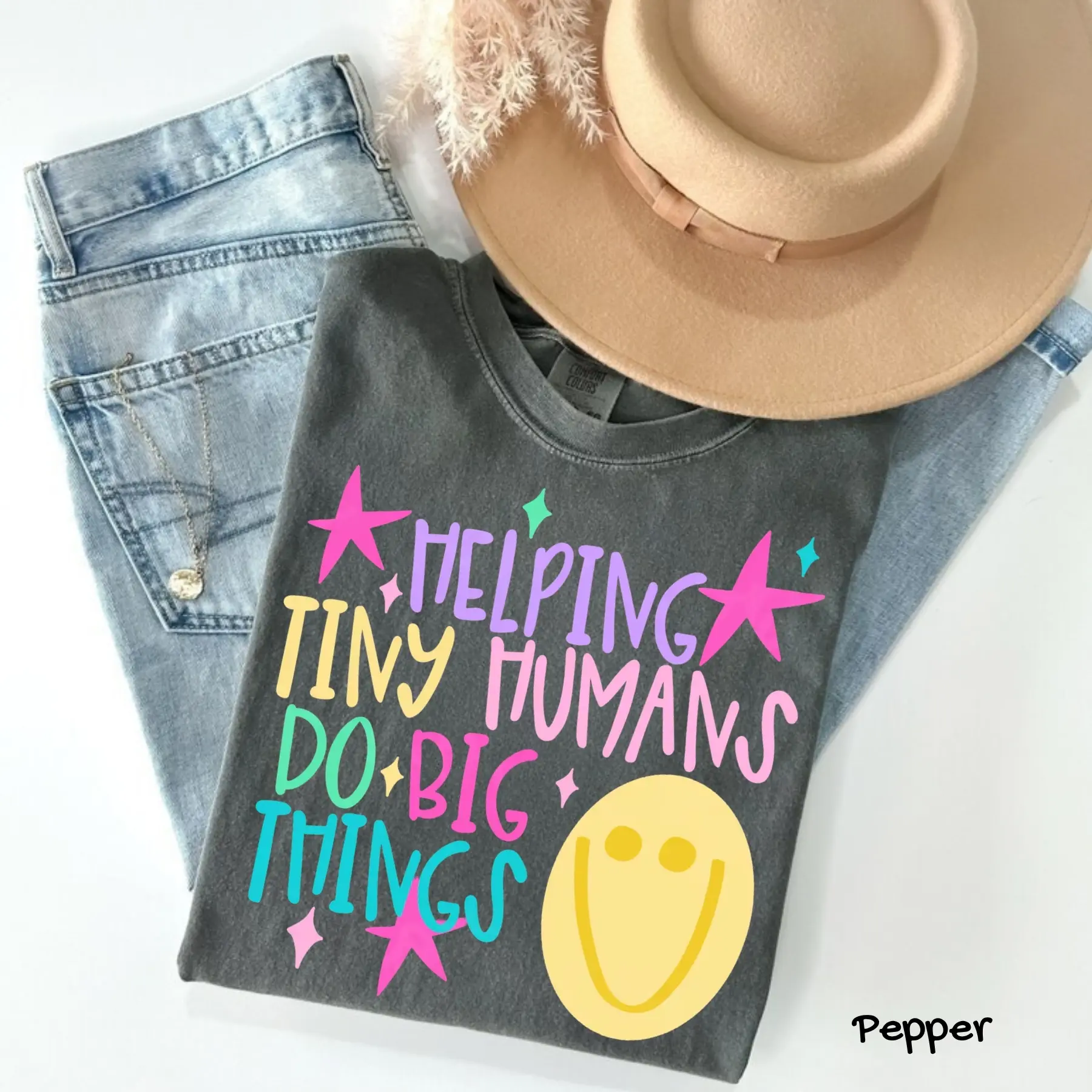 Comfort Colors Helping Tiny Humans Do Big Things Shirt, Teach Preppy, First Day of School, Stars Daycare , Trendy Craft, For Woman, Womenswear's Top