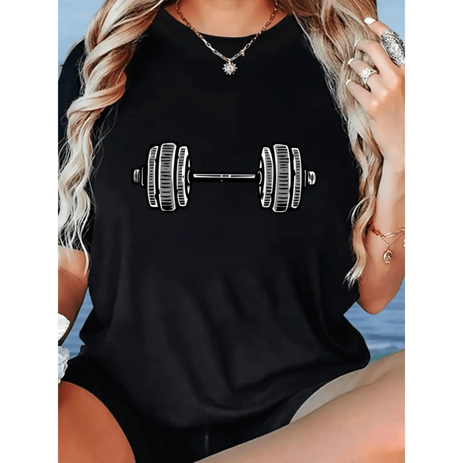 womens casual fitness t shirt with dumbbell graphic brown short sleeve round neck comfortable summer top for workout relaxation casual wear tee   print top   fitness black -1