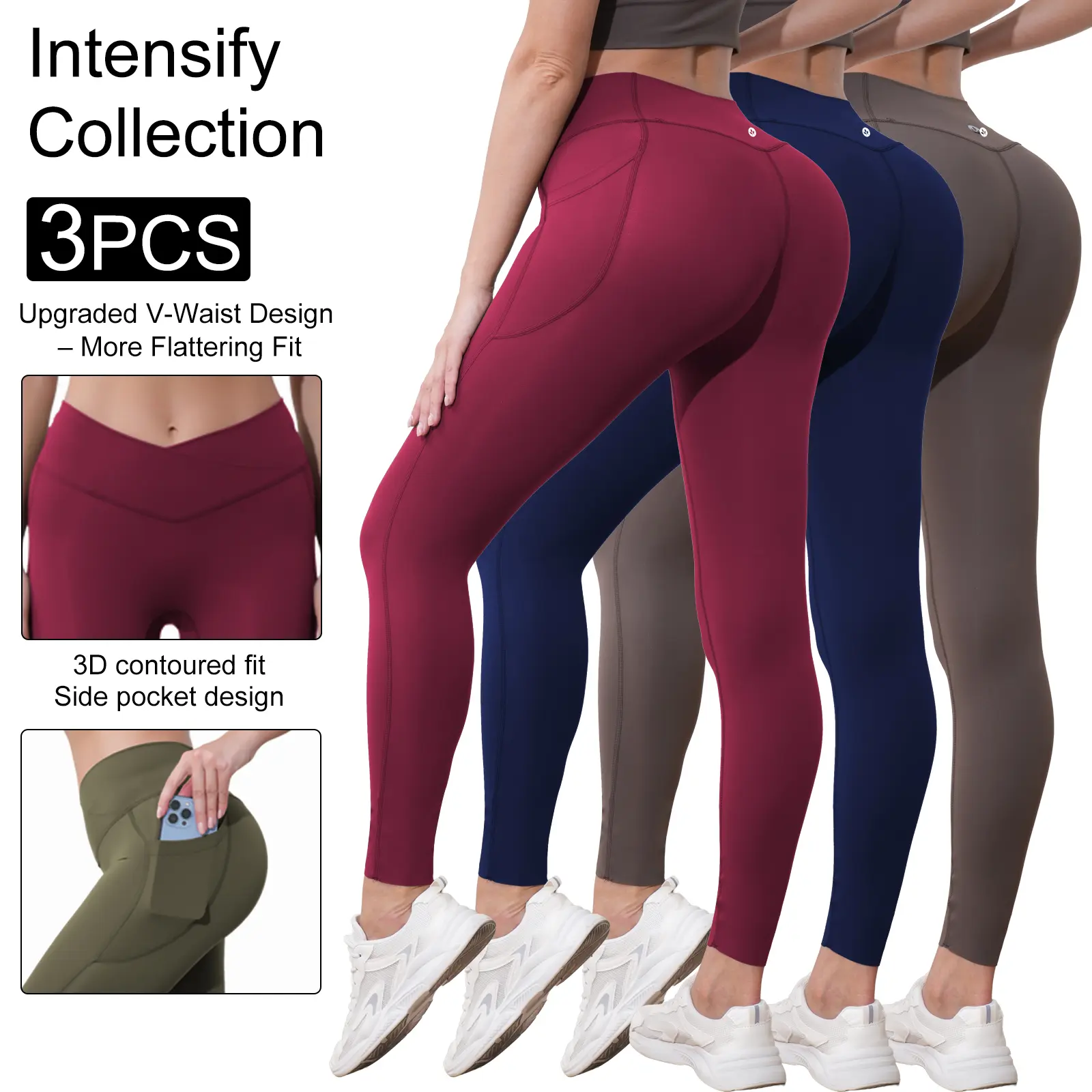Women's 3PCS High-Waist Compression Yoga Leggings with Pockets - Back Butt-Lifting, Tummy Control, Non-See-Through Fitness Clothes for Gym Workout Sportswear, Running