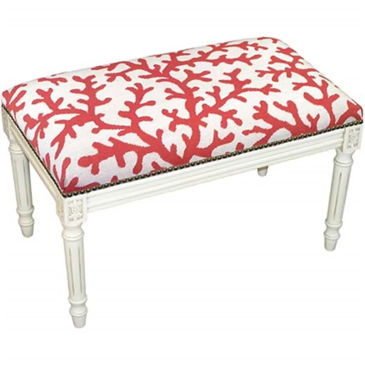 123 Creations Handmade Artisan Modern Single-Seat Coral Needlepoint Stool Bench - White Wash, 100% Wool Fabric, 32in W x 19in H x 18in D, High-Quality Indoor Furniture for Living Room, Home Decor, 32 Inches W X 19 Inches H X 18 Inches D