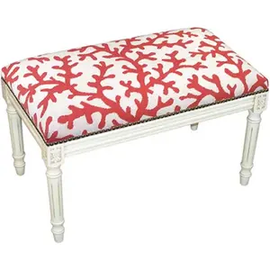 123 Creations Handmade Craft Modern Single Seat Coral Needlepoint Bench - White Wash, 100% Wool Fabric