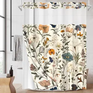 1PC 2D Flat No Hooks Double Layer Shower Curtain, Vintage Botanical Floral Print Waterproof Fabric, Rustic Fresh Style Home Decor, Accessories for Hotel, Dormitory & Bathroom, Clear Top Window & Detachable Snap-In Liner, 71×74 Inch