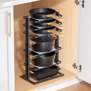 Pots and Pans Organizer for under Cabinet,6-Tier Heavy Duty Adjustable Pan Pot Organizers inside Cabinet, Pot Rack for Kitchen Cabinet Organization and Storage Black