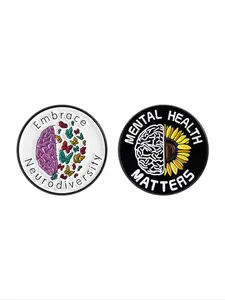 2 Pcs Mental Health Enamel Pins, Brain Butterfly Hearts Sunflower Brooches, Fashion Lapel Badges for Men Women, Daily Wear Gift Ideas