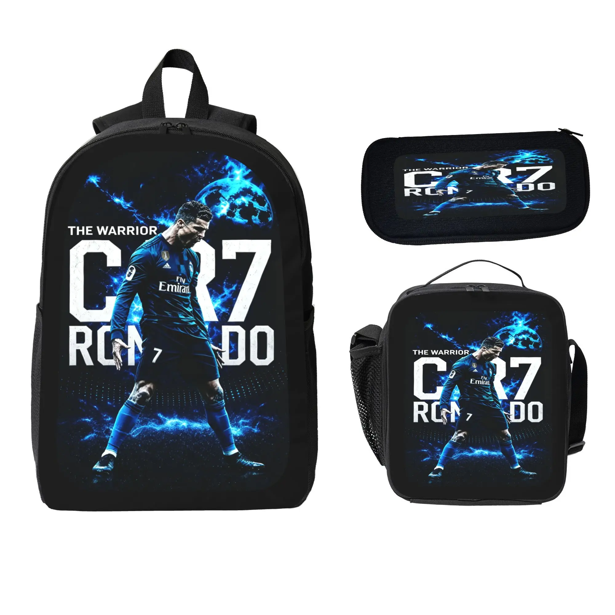 3PCS Soccer Graphic Backpack Set with Lunch Bag & Pencil Case, Football Inspired Sports Bag with Blue Black Design for Travel Outdoor Use