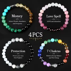 GEMRICH 4-piece Bohemian beaded bracelet set — natural yellow quartz, peacock stone, pink crystal, moonstone, tiger’s eye, and cinnabar; symbolizes wealth protection and vitality; suitable for banquets and everyday wear and also makes a great gift.