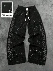 Unisex Rhinestone Casual Pants, Water Drill Decoration, Star Letter Pattern, Street Style, Trendy for Daily Wear