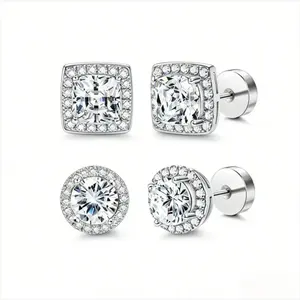 4-Pack Luxury Halo Zircon Stud Earrings, Gold & Silver Round Square Style, Hypoallergenic Copper Plated Earrings with Jewelry Box, Birthday Gift for Women outdoorfun