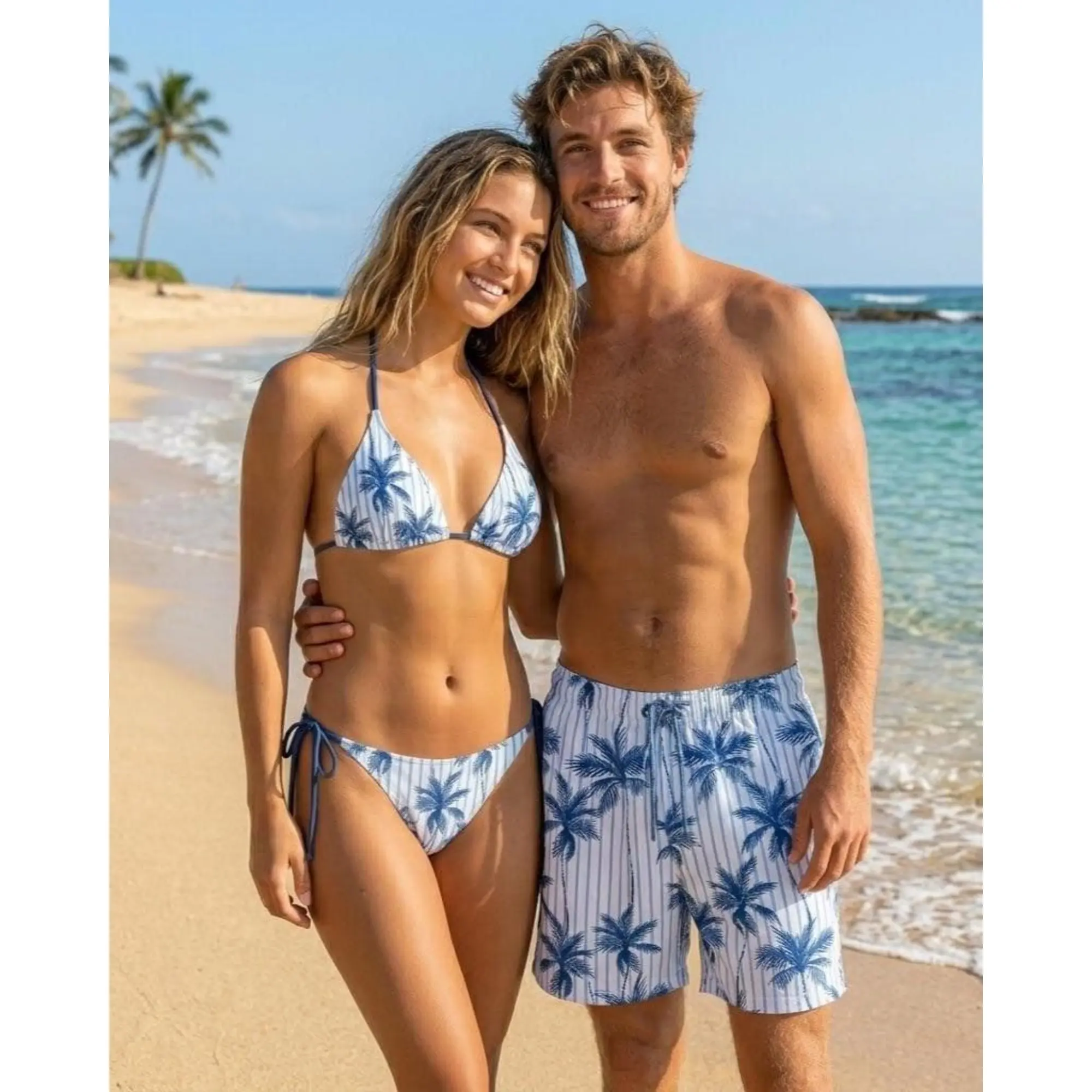 Matching Couple Swimwear Set Blue Palm Tree Striped Bikini Swim Trunks Beach Gift