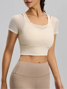 Women Sports Short Sleeve, Yoga Clothes Short Sleeve, Sling Bra Strap Fixed Chest Pad, External Mesh Yarn Short Sleeve Splicing, I Beautiful Back, Comfortable and Breathable, Versatile Trendy, Suitable for Daily Fitness Running and Outdoor Wear