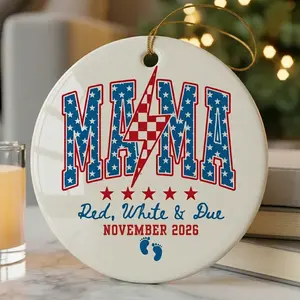 Personalized Mama Red White & Due Ceramic Ornament, Pregnancy Announcement Gift, Custom Month Year Baby Reveal Ornament, 4th of July Mom To Be Keepsake