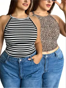 [Plus Size] Striped Print Crop Tank Top, Casual Short Sleeveless Round Neck Top for Daily Wear, Women's Plus Clothing for Spring & Fall, Womenswear, Lady