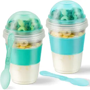 2Pack - 20 oz Yogurt Parfait Cups with Lids,  Reusable Overnight Oats Containers with Lids, Topping Compartment & Spoon to Go for Breakfast Meal Prep, Portable & Lightweight (Blue&Green)