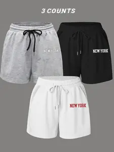 Women's Letter Print Drawstring Waist Shorts, Casual Loose Fit Shorts for Summer, Ladies Bottoms for Daily Wear, Clothes, Womenswear