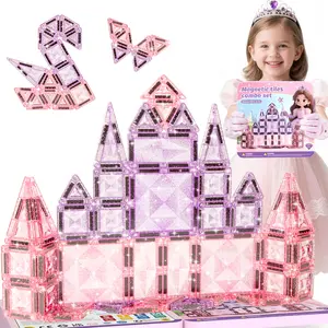 Magnetic Tiles Girls Travel Toy: 42 PCS Pink Glitter Building Blocks Castle Tin Box - 120 Mins Quiet Play 60s Cleanup - Toddler Kids Gift Age 3 4 5 6