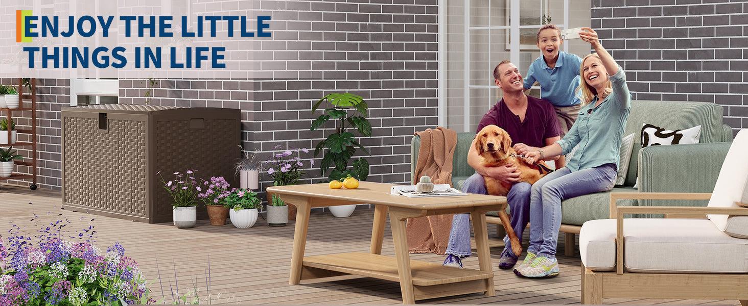 【GARVEE】120 Gallon Heavy Duty Outdoor Storage Box - Waterproof Deck Box for Patio Furniture Cushions and Garden Tools, Featuring Gas Lift Lid and Seat, All-Weather Resistant, Easy Assembly, Available in Brown and Black