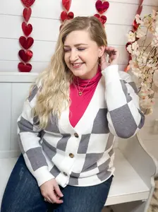 Gray Checkered Button Up Cardigan *Plus Size Included