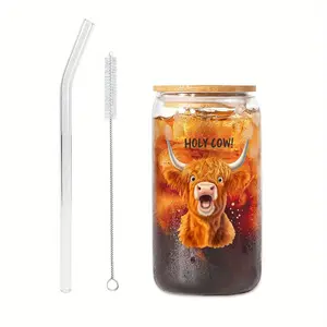 Funny Highland Glass Water Bottle Set, Drinkware, Holy Cow Animal Print Design, Ideal Gift for Cow Lovers & Friends, Includes Straw