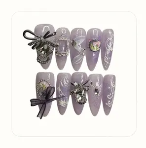 J25 Hand wear a amethyst love tulip streamer wear a nail nail patch rhinestone design almond press on nail  glue gradient fake nail