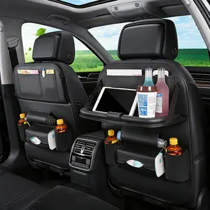 Universal Foldable Car Backseat Organizer with Table Tray - Cars Accessories, Auto Accessories, Touch Screen Phone Holder, Premium Leather Kick Mat, Storage Pockets, Tissue Holder (Black)