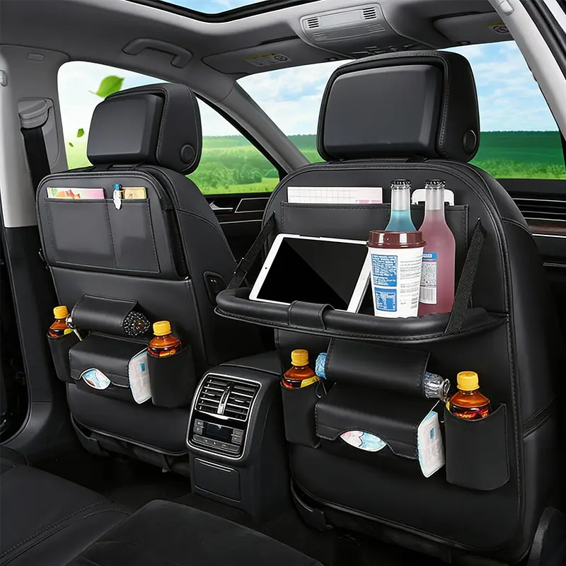 Universal Foldable Car Backseat Organizer with Table Tray - Cars Accessories, Auto Accessories, Touch Screen Phone Holder, Premium Leather Kick Mat, Storage Pockets, Tissue Holder (Black), Vehicle Accessories