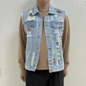 WIRDATRD Ripped Denim Vest for Men Sleeveless Casual Streetwear Button-Down Distressed Jean Jacket with Pockets Breathable Blend All-Season Wear