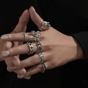Bohemian Vintage Silver Stackable Ring Set for Women Men, Antique Silver Plated Gothic Punk Snake Skull Turquoise Ring, Retro Hippie Ins Trendy Fashion Jewelry
