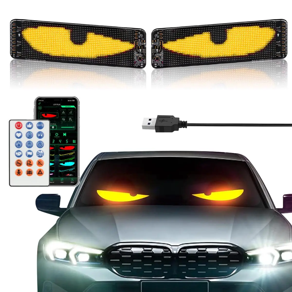 Car Devil Eye LED Light, USB Powered Animated Eye LED Matrix Panel, Flex LED Display for Car, LED Sign for Car, Suitable for Windows of Cars and Jeep