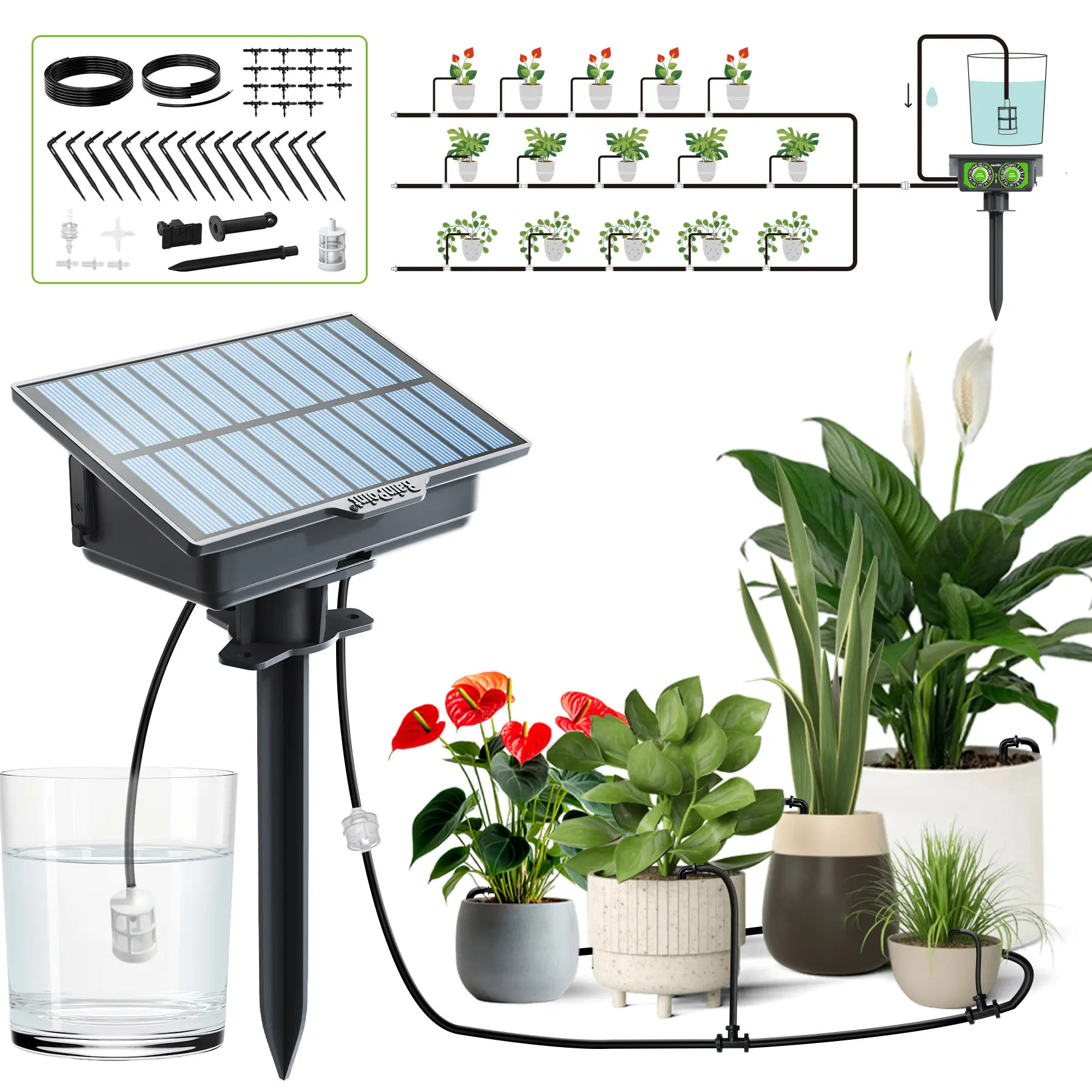 RAINTPOINT's new solar drip irrigation kit, an automatic indoor and outdoor irrigation system, easy DIY plant watering controller, 6 timer modes, anti-siphon device - with an upgraded version featuring WIFI. An ideal choice for gardening enthusiasts.