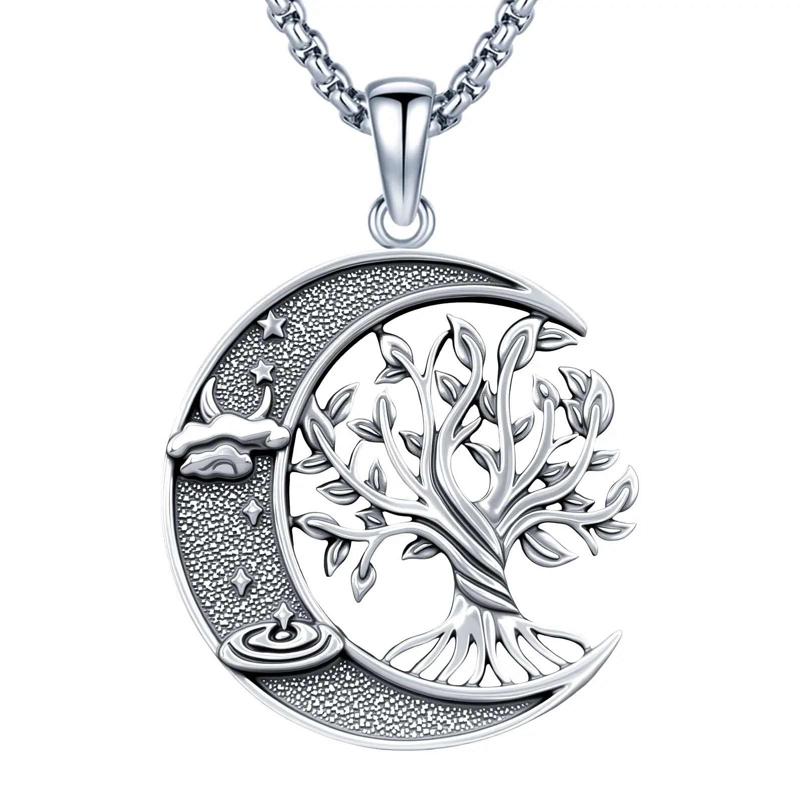 Sebina Tree Of Life Necklace Moon & Star Tree Of Life Pendant Silver Jewelry Equipped With A Leather Chain And An Adjustable-Length Chain Jewelry For Daily Wear And Gifts For Festivals And Anniversaries For Both Men & Women