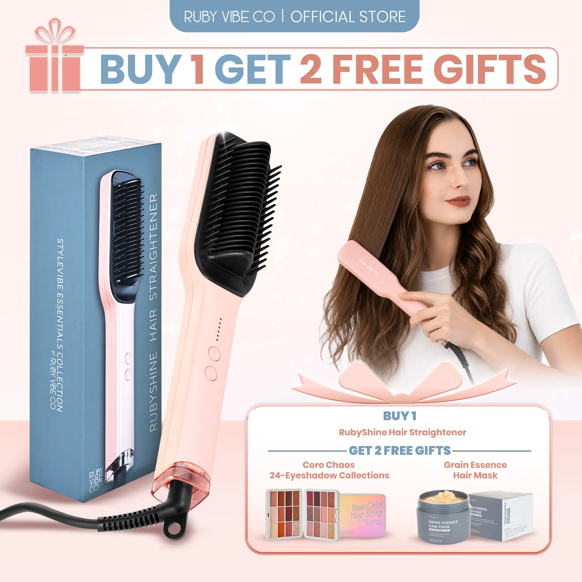 [RUBY VIBE CO] RubyShine Hair Straightener, Hair Styling Tools, Effortless Straightening & Styling, Adjustable Temperature Settings, Lightweight, Ergonomic Design