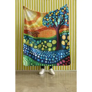 Aboriiginal Dot Painting Style Nature Fleece Sherpa Blanket for Cozy Comfort, Perfect Gift for Home Décor, Fall, Winter, and Nature Lovers, Colorful Throw, Warm