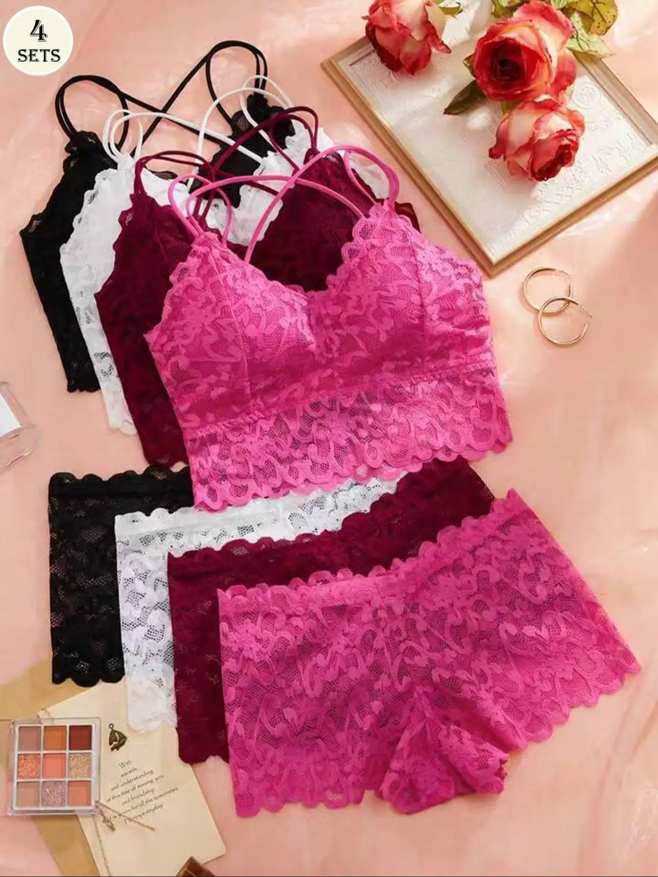 Women's Contrast Lace Backless Bra & Panty Underwear Set, Sexy Comfy Breathable Pink Lingerie Set for Daily Wear, Underwear Set for Women