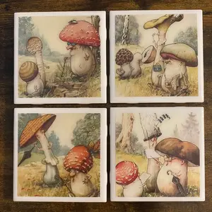 Mushroom People Vintage Art Ceramic Coasters - Set Of 4