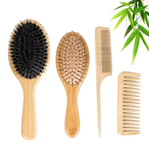 4 PCS Hair Brushes Set,Boar Bristle and 100% Bamboo Detangling Combs for Women/Men, Thick/Thin Hair Care Tools with Natural Bristles, Family-Friendly Hairbrush Kit