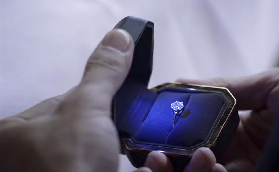 Luxury Ring Box, Square Velvet Wedding Ring Case Jewelry Gift Box with LED Light for Proposal Engagement Wedding, Black