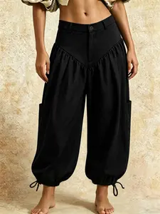 French Vintage High-Waisted Wide-Leg Lantern Pants, Loose Fit Slimming Workwear Style Cuffed Harem Pants, Ankle Length Mid Waist
